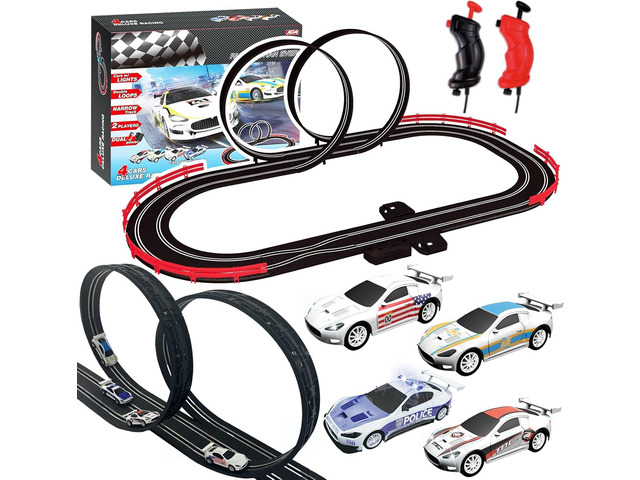 Slot Car Race Track Sets with 4 Light-Up Slot Cars, Battery or Electric Car Track, 2 Adjustable Speed Hand Controls, Track Parts and Lap Counter,...