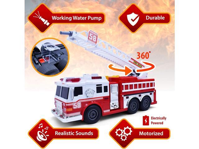 VEBO Fire Truck Motorized with Lights, Siren Sound, Working Water Pump and Rotating Rescue Ladder- Electric, Motorized, Big Fun Size 15', Realistic...