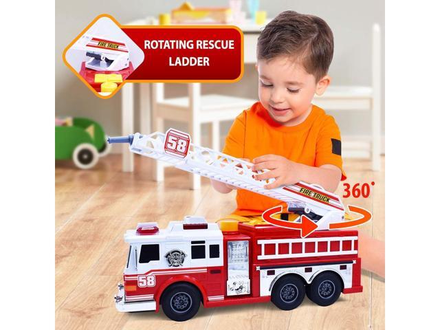 VEBO Fire Truck Motorized with Lights, Siren Sound, Working Water Pump and Rotating Rescue Ladder- Electric, Motorized, Big Fun Size 15', Realistic...