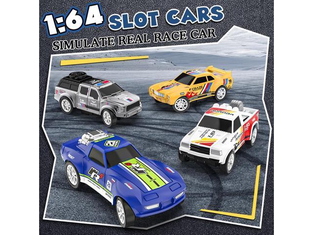 Slot Car Race Track Sets with 4 Slot Cars, Electric Race Car Track Include Slope Circular Overpass Track, Dual Racing Game Featuring Flash Bridge...