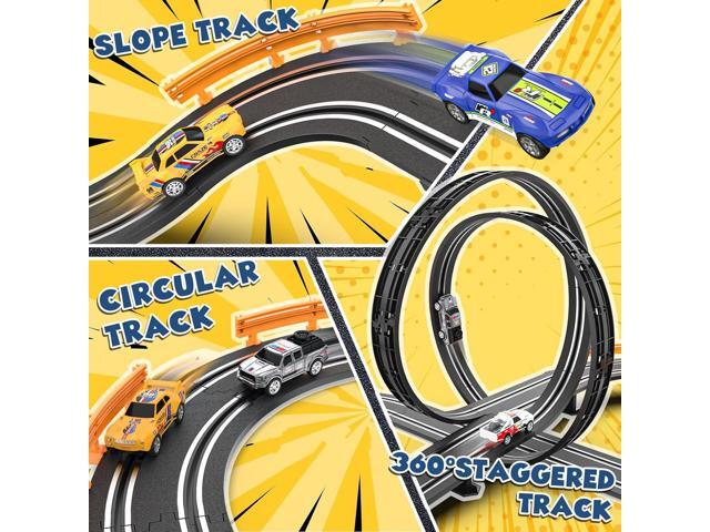 Slot Car Race Track Sets with 4 Slot Cars, Electric Race Car Track Include Slope Circular Overpass Track, Dual Racing Game Featuring Flash Bridge...