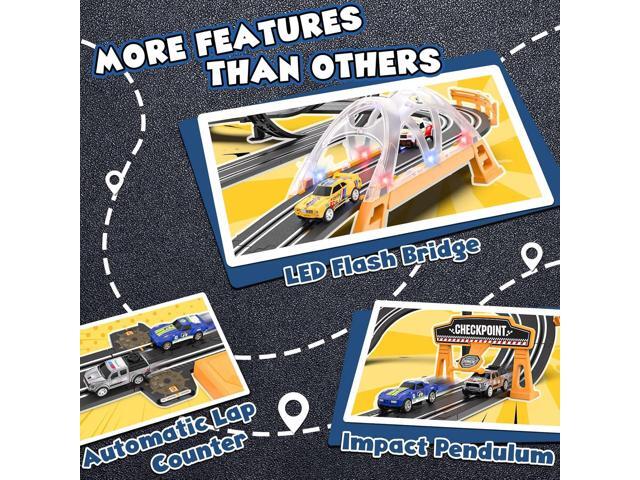 Slot Car Race Track Sets with 4 Slot Cars, Electric Race Car Track Include Slope Circular Overpass Track, Dual Racing Game Featuring Flash Bridge...