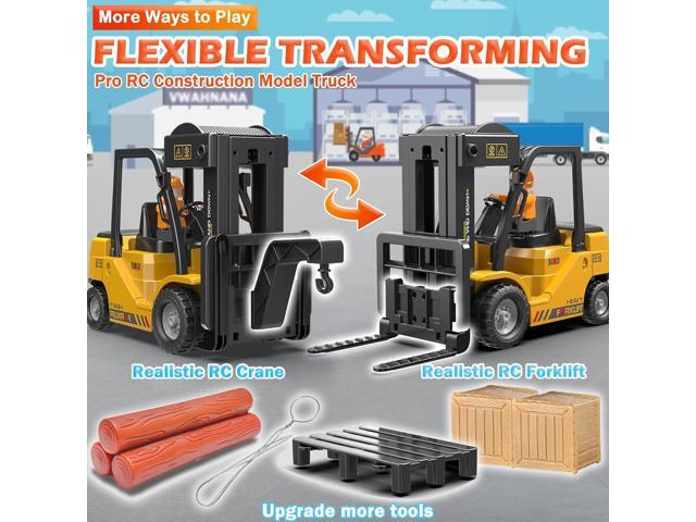 RC Forklift Truck, 2 in 1 Transform Lift Fork & Hook, Kids Forklift Toy, 11 Channel Remote Control Forklift for Adults, 2 Battery, Spray, Light, RC...