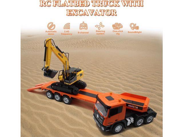 Fistone RC Semi Truck & Excavator Toy Set, 2.4Ghz Remote Control Flatbed Truck with Excavator Toys, 1:24 RC Semi-Trailer Engineering Tractor with...