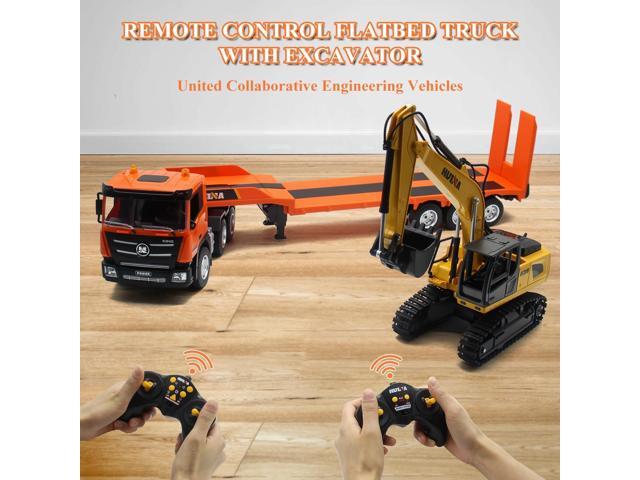 Fistone RC Semi Truck & Excavator Toy Set, 2.4Ghz Remote Control Flatbed Truck with Excavator Toys, 1:24 RC Semi-Trailer Engineering Tractor with...
