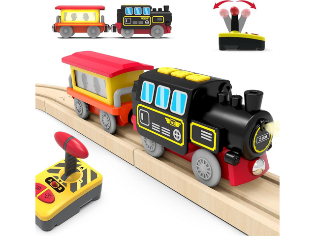 Motorized Train for Wooden Track, Remote Control Train with Magnetic Connection, Battery Operated Locomotive Train for Toddlers, Compatible with...