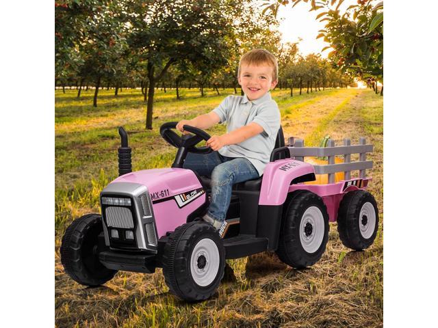 12V Kids Battery Powered Electric Tractor with Trailer, Toddler Ride On Car w/Remote Control/ 7-LED Headlights/ 2+1 Gear Shift/ MP3 Player/USB Port...