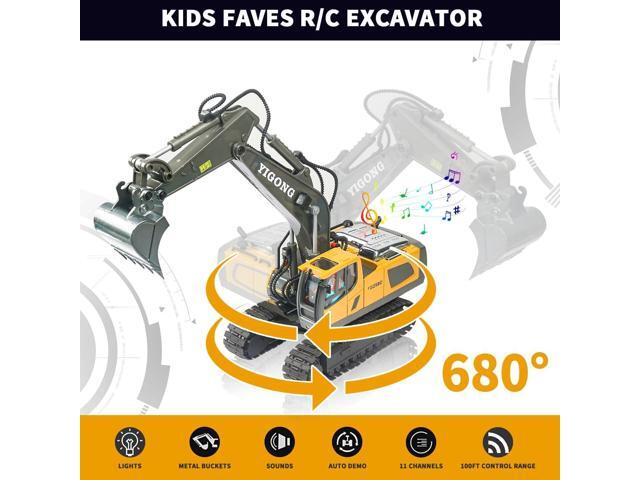 Remote Control Excavator Toy, Present for 4 5 6 7 8 9 10 11 Year Old, RC Construction Toys with Metal Shovel, Lights, Sounds, 2.4Ghz, Turns 680...