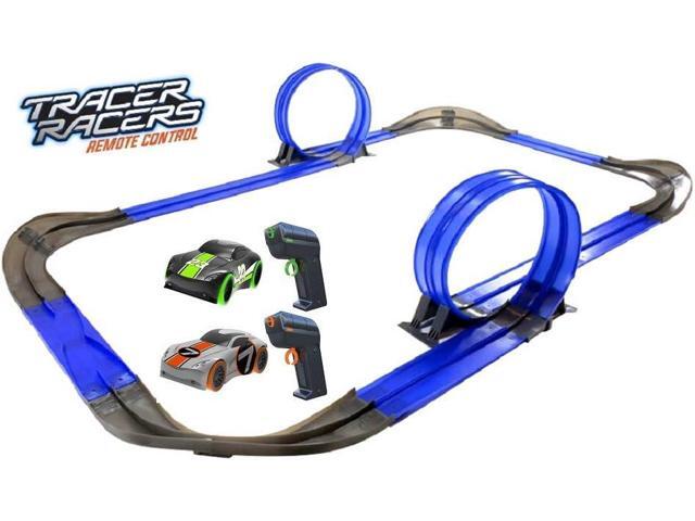 Remote Control Cordless Glow in The Dark High-Speed Super Loop Speedway Track Set with Two Cars for Dual Racing, Glow Blue