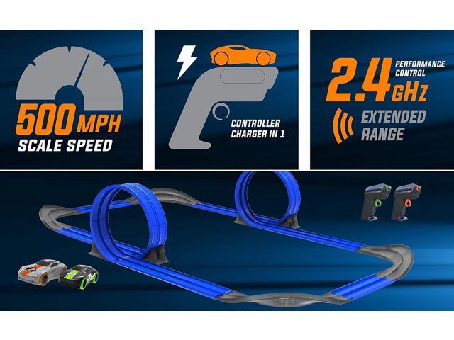 Remote Control Cordless Glow in The Dark High-Speed Super Loop Speedway Track Set with Two Cars for Dual Racing, Glow Blue