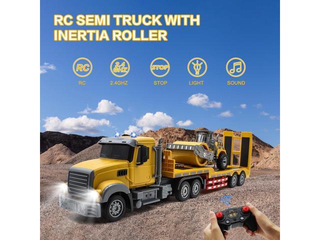 Fistone RC Semi Truck with Trailer, 1:24 RC Semi-Trailer Engineering Tractor with Sound and Lights, 2.4Ghz Remote Control Flatbed Truck with Road...