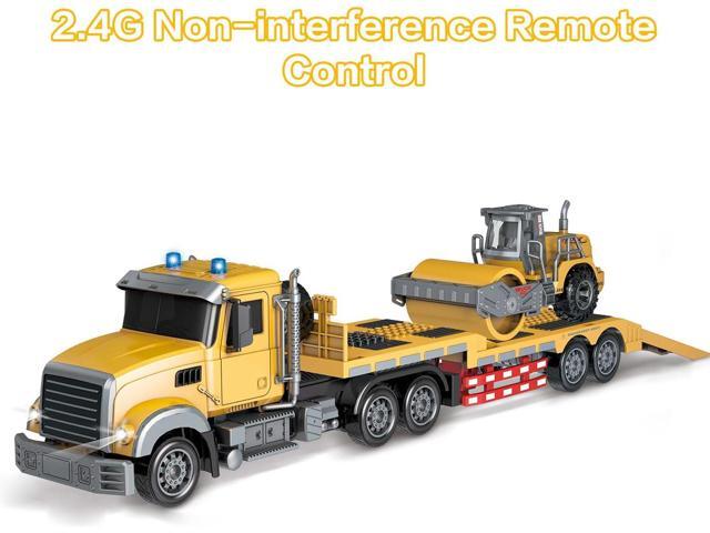 Fistone RC Semi Truck with Trailer, 1:24 RC Semi-Trailer Engineering Tractor with Sound and Lights, 2.4Ghz Remote Control Flatbed Truck with Road...