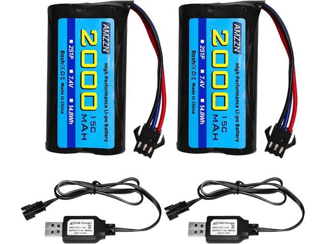 2PCS 7.4V 2000mAh 15C 2S SM-3P Plug Lipo Battery with USB Charging Cable for DE43 DE60 9500E RC Car Truck Huina 1575 RC Engineering Vehicle RC Toy...