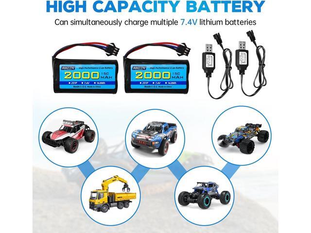 2PCS 7.4V 2000mAh 15C 2S SM-3P Plug Lipo Battery with USB Charging Cable for DE43 DE60 9500E RC Car Truck Huina 1575 RC Engineering Vehicle RC Toy...