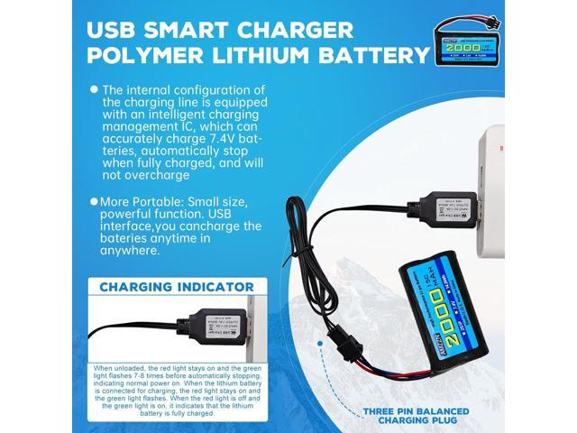 2PCS 7.4V 2000mAh 15C 2S SM-3P Plug Lipo Battery with USB Charging Cable for DE43 DE60 9500E RC Car Truck Huina 1575 RC Engineering Vehicle RC Toy...