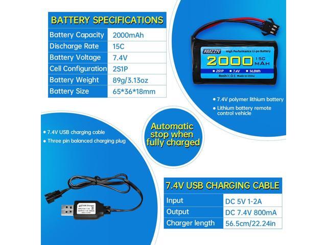 2PCS 7.4V 2000mAh 15C 2S SM-3P Plug Lipo Battery with USB Charging Cable for DE43 DE60 9500E RC Car Truck Huina 1575 RC Engineering Vehicle RC Toy...