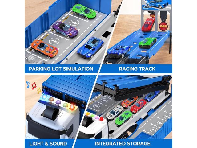 Carrier Truck Race Track Toddlers Toys, Foldable 3 Layer Car Race Track Playset, Toy Truck Transport Car Carrier & 8 Race Cars, Truck Car Kids Toys...