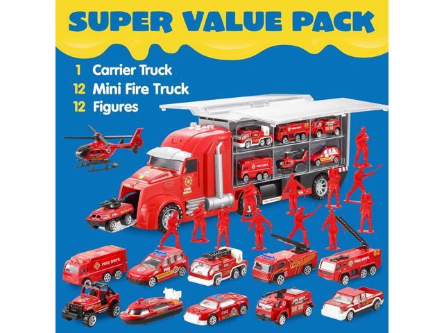 JOYIN 25 in 1 Fire Truck Vehicle Toy Set with Sounds and Lights, Fire Engine Vehicles in Carrier Truck, Mini Rescue Emergency Fire Truck Car Toy,...