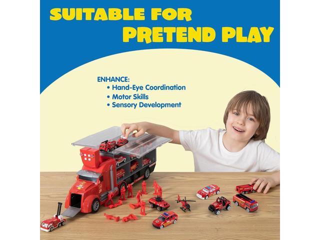 JOYIN 25 in 1 Fire Truck Vehicle Toy Set with Sounds and Lights, Fire Engine Vehicles in Carrier Truck, Mini Rescue Emergency Fire Truck Car Toy,...