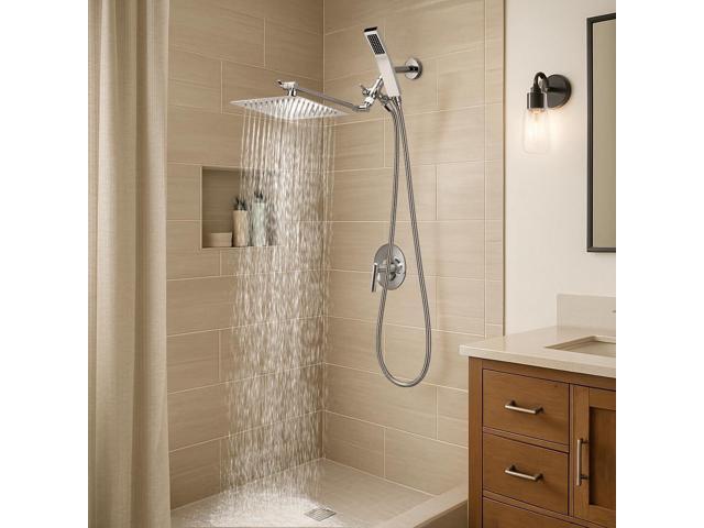 G-Promise All Metal 8 Inch Dual Square Shower Head with Handheld Spray Combo, Rain Shower Head, Adjustable Extension Arm, Smooth 3-Way Diverter, 71...