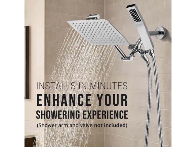 G-Promise All Metal 8 Inch Dual Square Shower Head with Handheld Spray Combo, Rain Shower Head, Adjustable Extension Arm, Smooth 3-Way Diverter, 71...