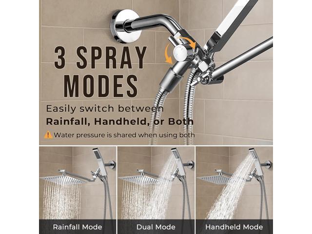 G-Promise All Metal 8 Inch Dual Square Shower Head with Handheld Spray Combo, Rain Shower Head, Adjustable Extension Arm, Smooth 3-Way Diverter, 71...