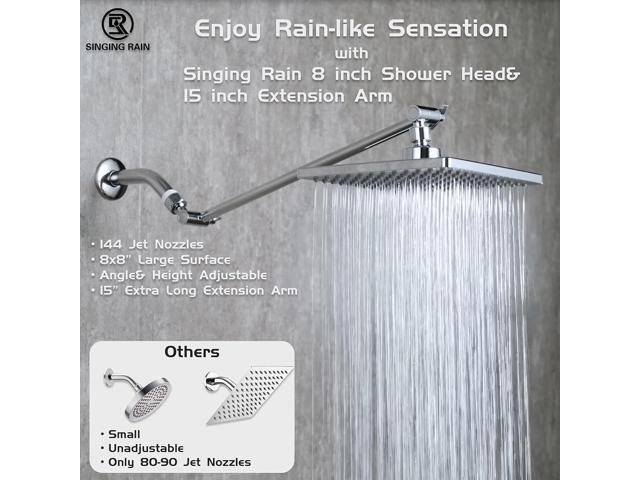 Rain Shower Head, 8'' High Pressure Rainfall Square Showerhead with 15'' Shower Head Extension Arm, Brass Adjustable Shower Arm Extender, Rainfall...