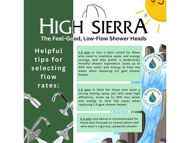High Sierra - CLASSIC Solid Metal 1.5 GPM Award Winning. Ultra Low Flow Shower Head. Lead-Free. Patented Nozzle Never Clogs - Polished Chrome Finish