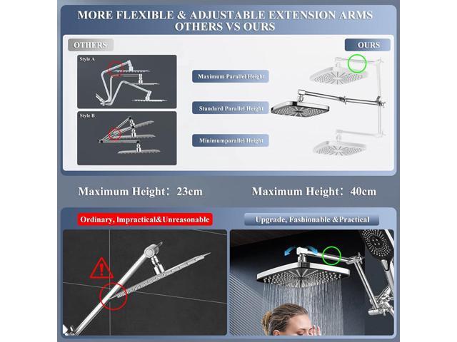 12 Inch Rain Shower Head with Handheld Spray Combo and Extention Arm, High Pressure Rainfall Waterfall Shower Heads, Dual Showerhead with 3-Way...