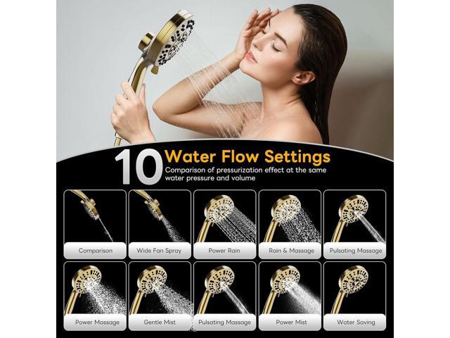 High Pressure 10 Ways Handheld Shower Head Brushed Gold- Anti-clog Nozzles, Built-in Power Wash to Clean Tub, Wall & Overhead Brackets,Magnetitc...