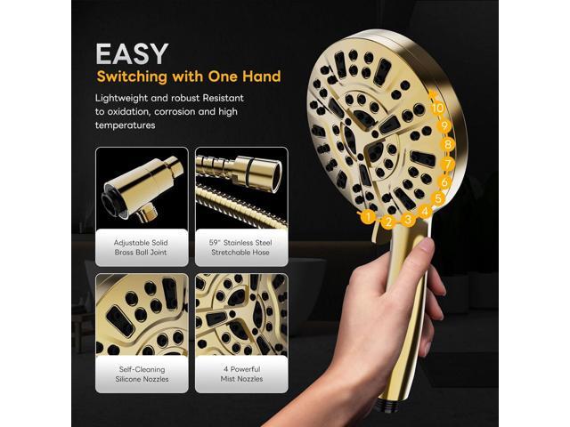 High Pressure 10 Ways Handheld Shower Head Brushed Gold- Anti-clog Nozzles, Built-in Power Wash to Clean Tub, Wall & Overhead Brackets,Magnetitc...