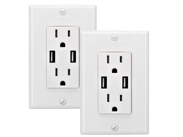 OviiTech 2.4 AMP Dual High Speed Wall Mount Charger USB Outlet,15A Tamper Resistant Receptacle, 2 Wall Plate Included,White (2 Pack)