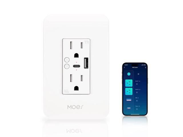 MOES Smart USB Wall Outlet Receptacle with Type-C & Type-A Charger, 2.4GHz Wi-Fi in-Wall Plug Socket, Remote Individual Control On/Off 15Amp, NO...