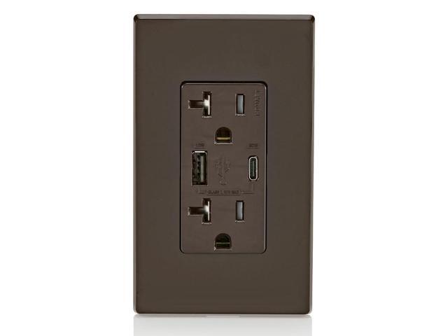 Leviton T5834-B 60W (20V@2.5A+ 5V@2A) USB Dual Type A/Type-C Power Delivery in-Wall Charger with 20A Tamper-Resistant Outlet, USB Charger for...