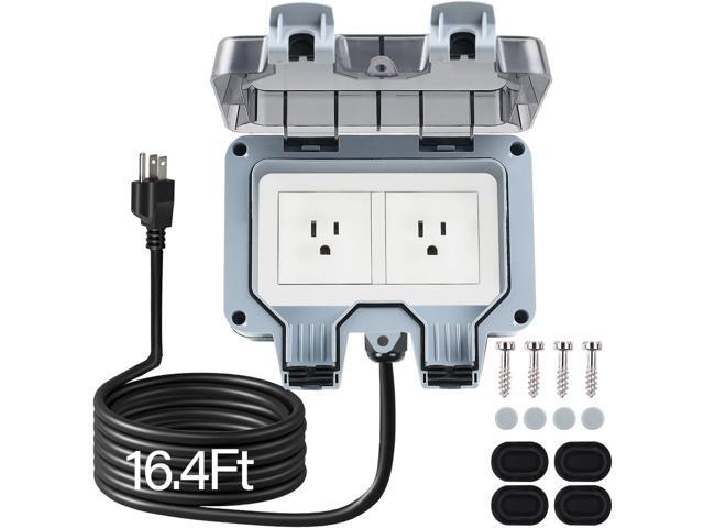 Outdoor Power Outlet Box with 16.4Ft Extension Cord, NEMA 5-15R, STW 14 AWG, Weatherproof Waterproof IP66 Electrical Outlet Extender, Exterior Wall...