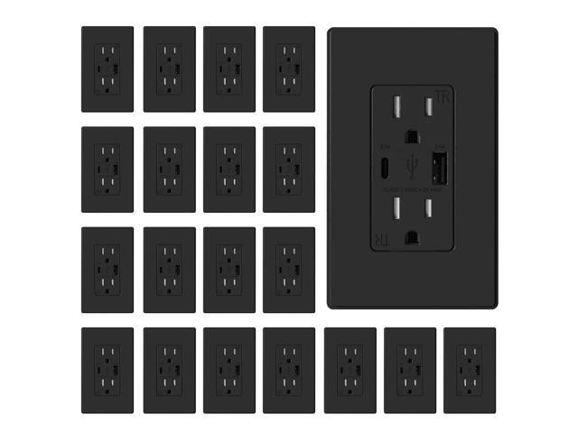 ELEGRP USB Charger Wall Outlet, USB A & C Ports, 15 Amp Duplex Receptacle Plug NEMA 5-15R, Wall Plate Included, UL Listed, 20 Pack, Matte Black