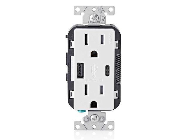 Leviton Type A & Type-C USB In-Wall Charger with 15A Tamper-Resistant Outlet, USB Charger for Smartphones and Tablets, Not for Laptops, T5633-W, White