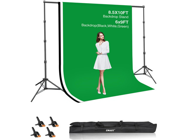 EMART 8.5x10ft Green Screen Backdrop Kit with 6x9ft Polyester Backdrop(Black/White/Green), Adjustable Photography Background Support System for...