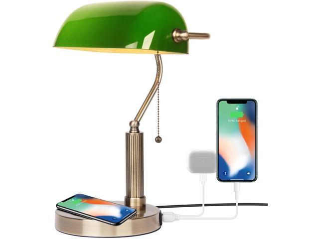 FIRVRE Glass Bankers Desk Lamp USB Wireless Charging Port LED Desk Lamp Classic Retro Pull Chain Switch Table lamp Reading Modern for Home Office...