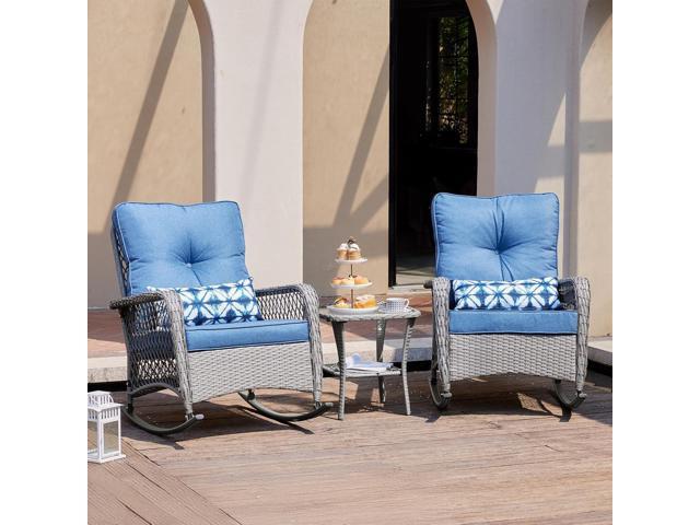 UDPATIO 3 Piece Patio Furniture Set, Wicker Rocking Bistro Set with 2 Rockers, 1 Side Table and 4 Thick Cushions for Backyard, Porch, Balcony,...