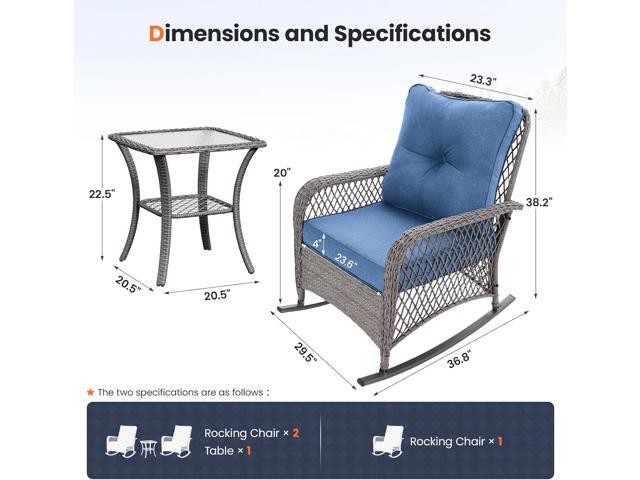 UDPATIO 3 Piece Patio Furniture Set, Wicker Rocking Bistro Set with 2 Rockers, 1 Side Table and 4 Thick Cushions for Backyard, Porch, Balcony,...