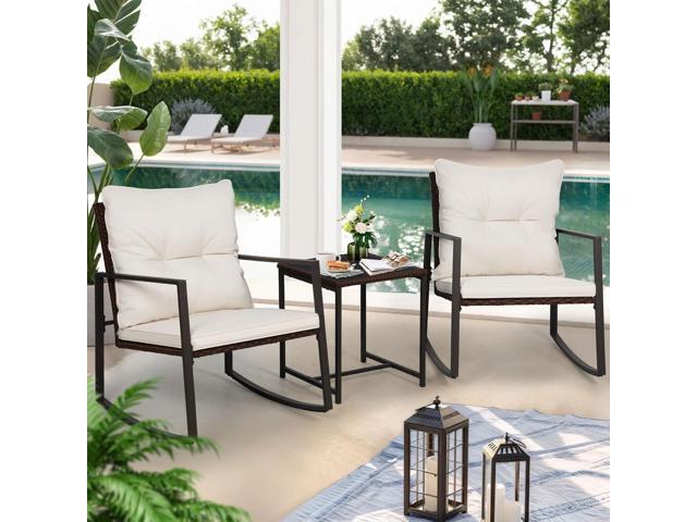 SUNCROWN 3-Piece Patio Bistro Set Outdoor Rocking Chairs Set Brown Wicker Porch Chairs with Glass Coffee Table, Beige Cushion