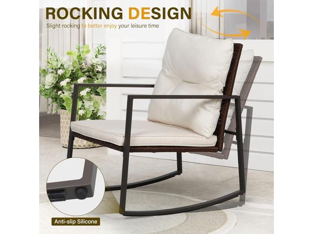 SUNCROWN 3-Piece Patio Bistro Set Outdoor Rocking Chairs Set Brown Wicker Porch Chairs with Glass Coffee Table, Beige Cushion