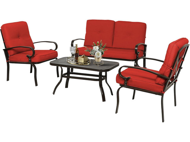 Oakcloud 4Pcs Metal Outdoor Furniture Patio Conversation Set (Loveseat and Coffee Table, 2 Dining Chair) -Wrought Iron Patio Chair Set with...