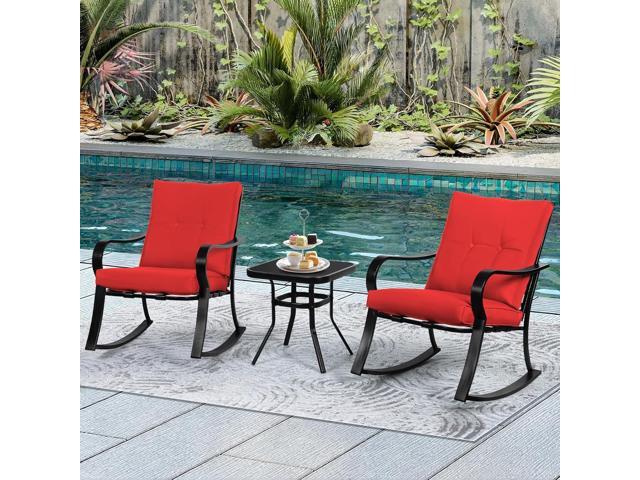 Incbruce 3 Piece Patio Bistro Set Outdoor Rocking Chairs Set, Porch Patio Conversation Chairs Set of 2 with Glass-Top Coffee Table (Red Thickened...