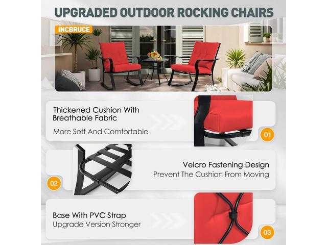 Incbruce 3 Piece Patio Bistro Set Outdoor Rocking Chairs Set, Porch Patio Conversation Chairs Set of 2 with Glass-Top Coffee Table (Red Thickened...