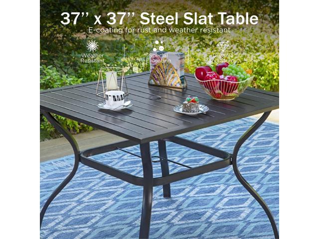 PHI VILLA 5 Piece Outdoor Dining Table Set for 4, 37 Square Metal Dining Table with Umbrella Hole & Stackable Steel Chairs for Patio, Deck, Yard