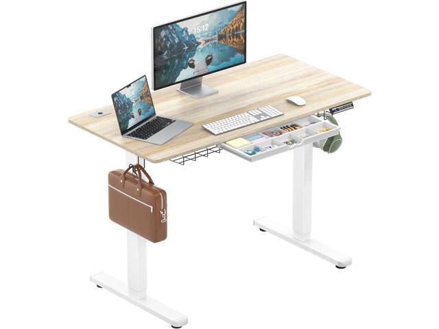 SHW 48-Inch Electric Height Adjustable Standing Desk w/Drawer, Maple w/ Memory Presets and Cable Management Drawer with adjustable compartments.