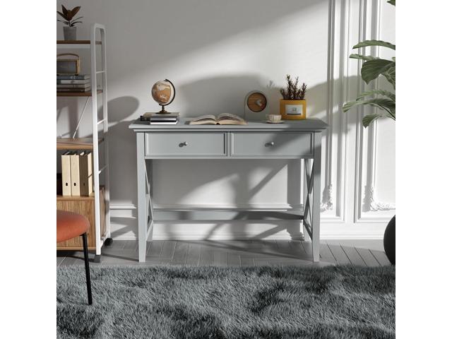 Computer Desk with 2 Drawers, Elegant Home Office Writing Study Desk with Storage, Modern Simple Vanity Desk Console Table for Living Room, Grey
