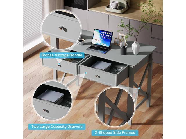 Computer Desk with 2 Drawers, Elegant Home Office Writing Study Desk with Storage, Modern Simple Vanity Desk Console Table for Living Room, Grey